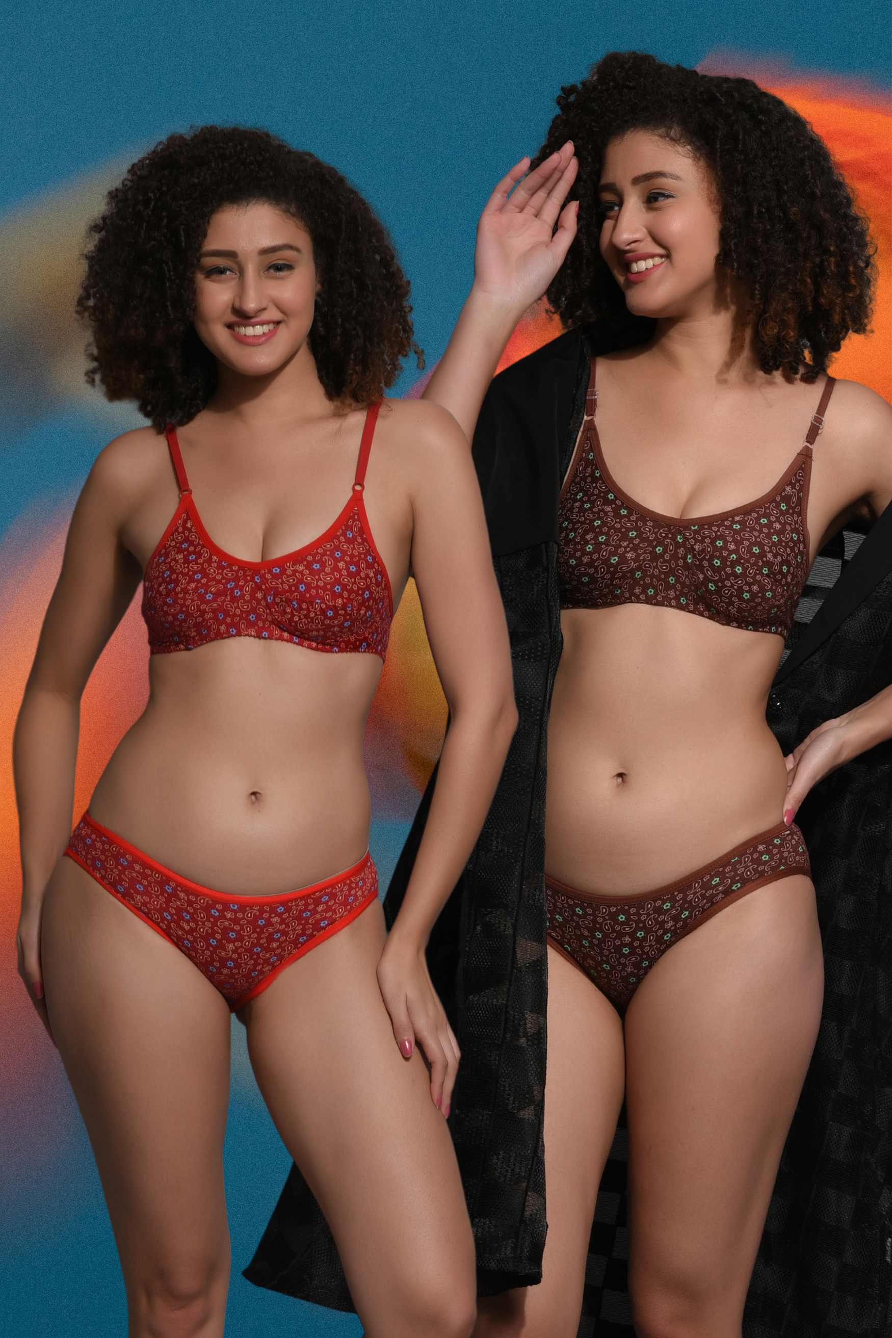 Cotton Non-Padded Bra and Panty Set of 2 pcs | Red, Manroon | for Womens | Dotted print