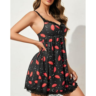 JOMFERRY Black Modal Babydoll Dress | Red Lip Print Nightwear | Sexy Sleepwear with Polka Dot Design | Soft and Comfortable Fabric | Adjustable Straps | Women's Nightwear