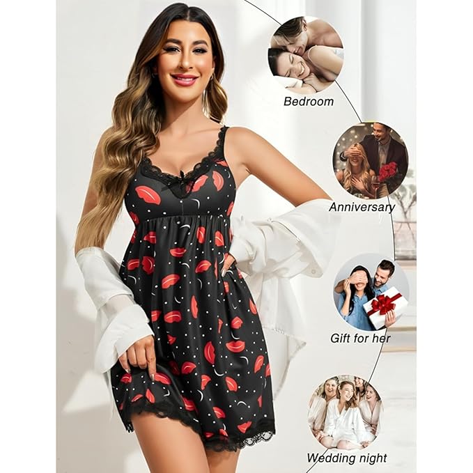 JOMFERRY Black Modal Babydoll Dress | Red Lip Print Nightwear | Sexy Sleepwear with Polka Dot Design | Soft and Comfortable Fabric | Adjustable Straps | Women's Nightwear