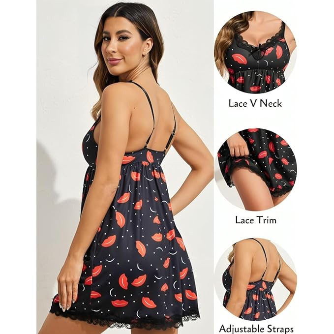 JOMFERRY Black Modal Babydoll Dress | Red Lip Print Nightwear | Sexy Sleepwear with Polka Dot Design | Soft and Comfortable Fabric | Adjustable Straps | Women's Nightwear