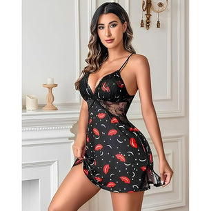 JOMFERRY Sheer Lace Babydoll Lingerie | Red and Black Print Nightwear | Plunging Neckline & Adjustable Straps | Sexy Figure-Hugging Sleepwear for Women | Romantic