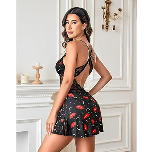 JOMFERRY Sheer Lace Babydoll Lingerie | Red and Black Print Nightwear | Plunging Neckline & Adjustable Straps | Sexy Figure-Hugging Sleepwear for Women | Romantic