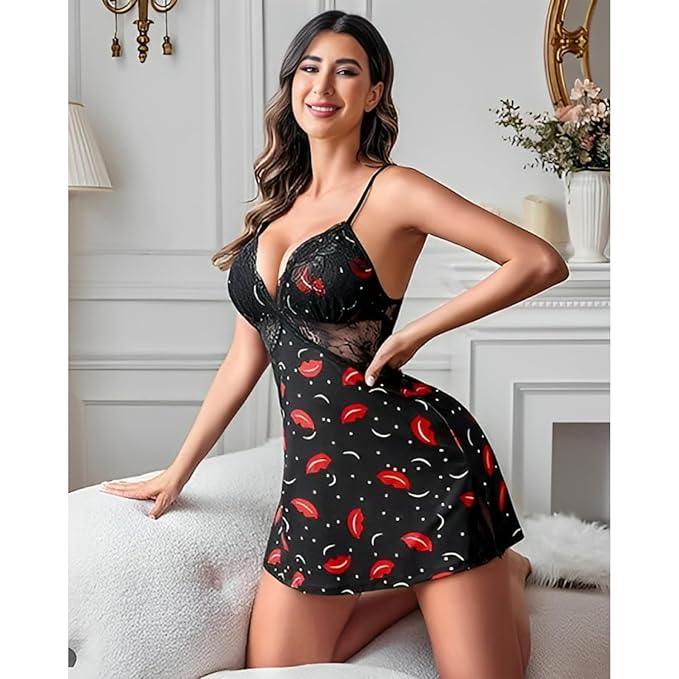 JOMFERRY Sheer Lace Babydoll Lingerie | Red and Black Print Nightwear | Plunging Neckline & Adjustable Straps | Sexy Figure-Hugging Sleepwear for Women | Romantic