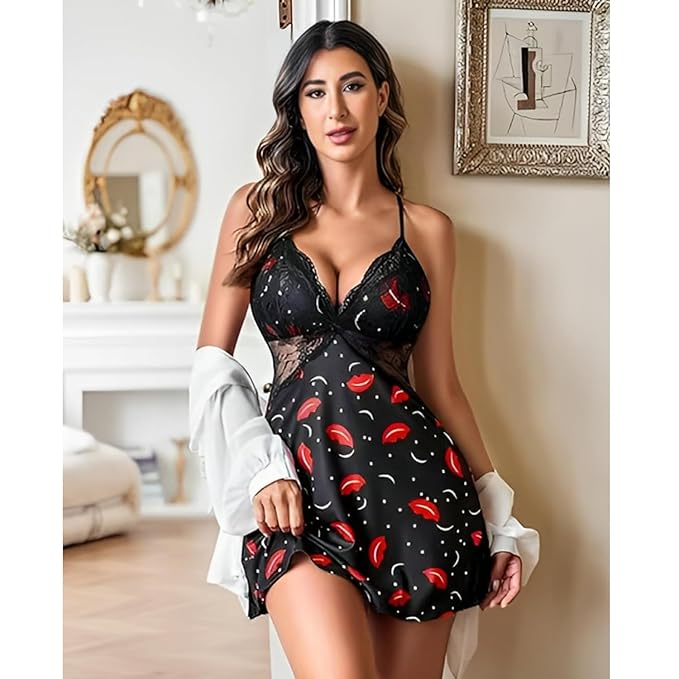 JOMFERRY Sheer Lace Babydoll Lingerie | Red and Black Print Nightwear | Plunging Neckline & Adjustable Straps | Sexy Figure-Hugging Sleepwear for Women | Romantic