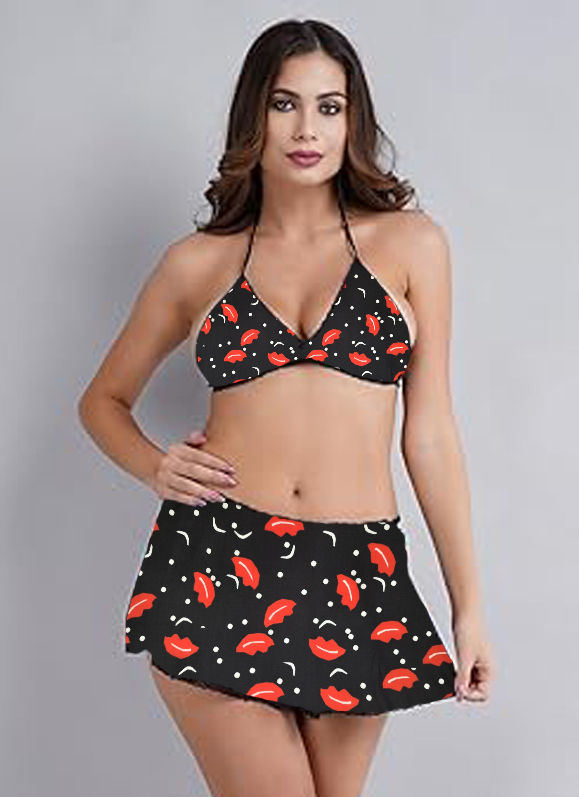 JOMFERRY Halter Neck Babydoll Dress | Black with Red Lip Print | Adjustable Straps & Flowy Skirt | Lightweight Nightwear for Romance & Parties