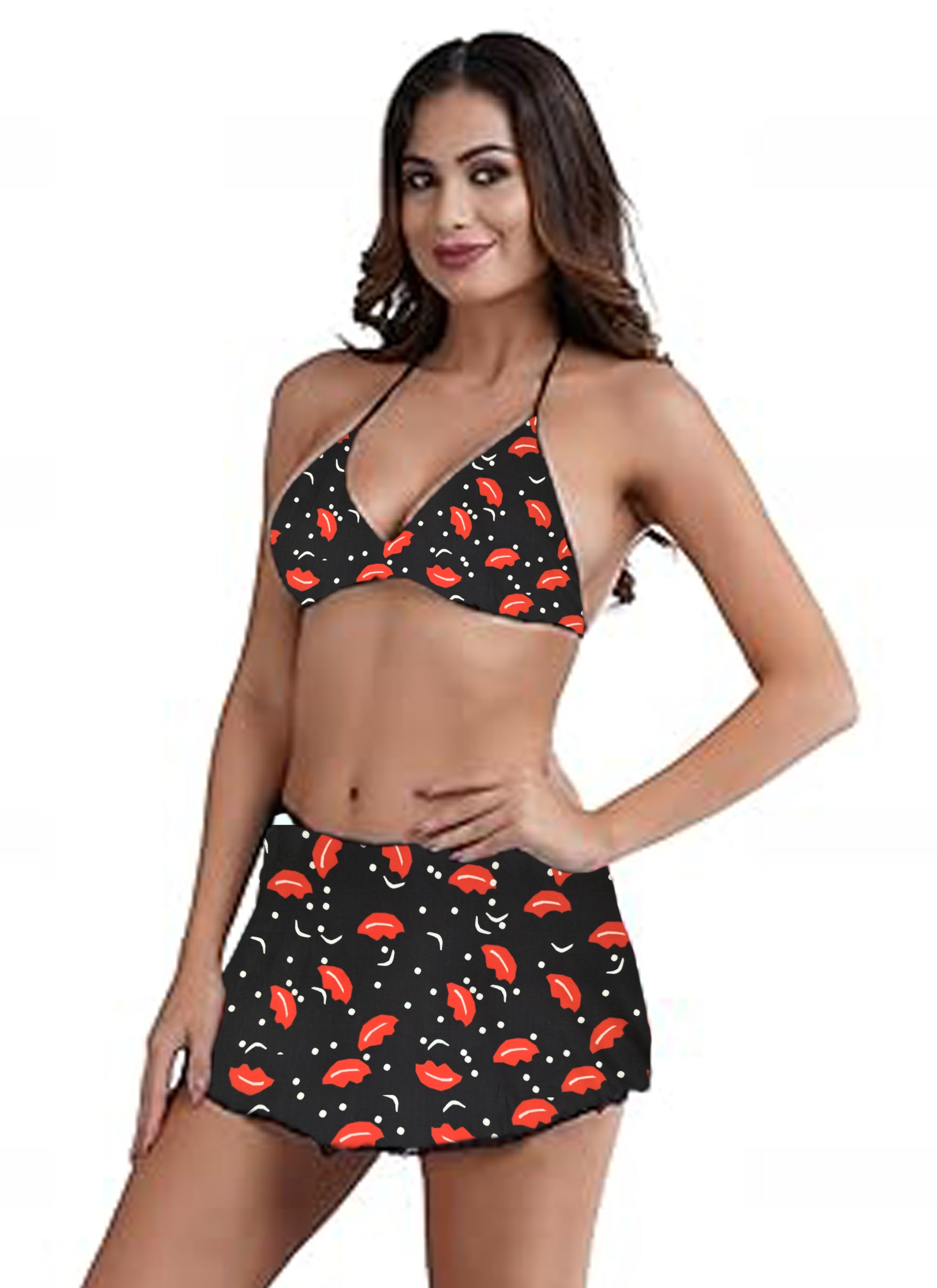 JOMFERRY Halter Neck Babydoll Dress | Black with Red Lip Print | Adjustable Straps & Flowy Skirt | Lightweight Nightwear for Romance & Parties