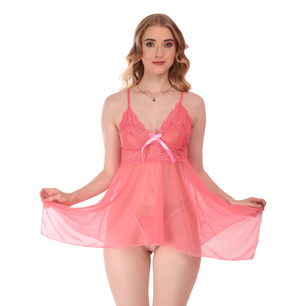 Women Spandex Net Above Knee Babydoll Lingerie, Honeymoon Nighty Pink Color.