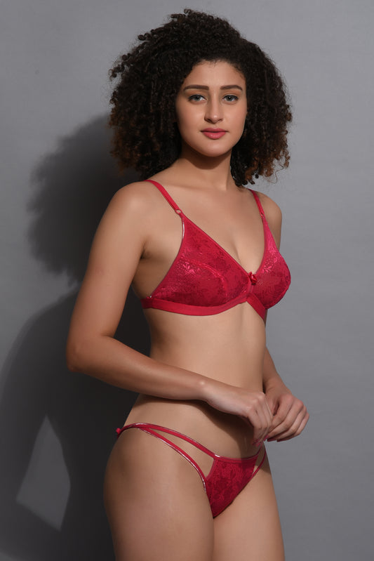 NET COTTON LINGERIES SET FOR WOMEN'S NON-PADDED 070 Red