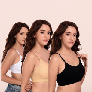 Wire Free Lightly Padded Sports Bra for Women - Everyday T- Shirt Super Comfortable Bra Pack of 3 ( Multicolor )