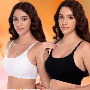 Wire Free Lightly Padded Sports Bra for Women - Everyday T- Shirt Super Comfortable Bra Pack of 2 ( White, Black)